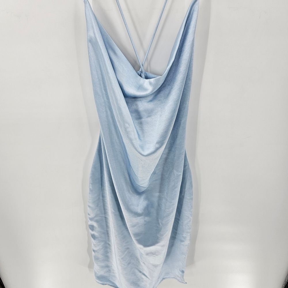 Nwt revolve superdown billie drape midi dress blue satin crisscross side slit me
